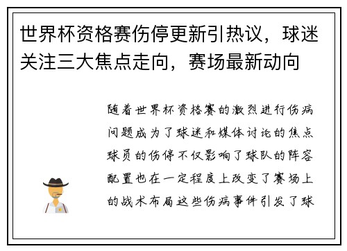 世界杯资格赛伤停更新引热议，球迷关注三大焦点走向，赛场最新动向