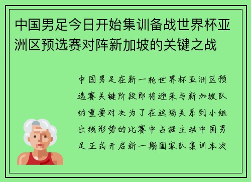 中国男足今日开始集训备战世界杯亚洲区预选赛对阵新加坡的关键之战