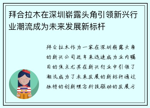 拜合拉木在深圳崭露头角引领新兴行业潮流成为未来发展新标杆