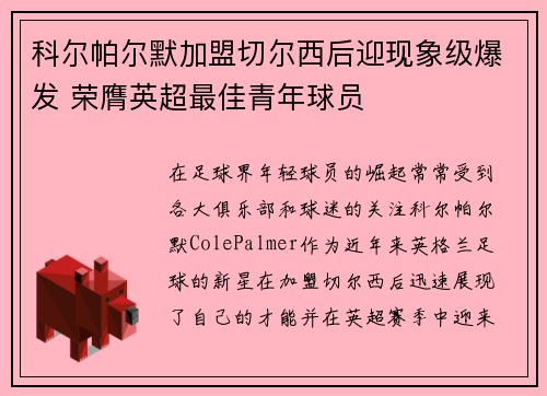 科尔帕尔默加盟切尔西后迎现象级爆发 荣膺英超最佳青年球员